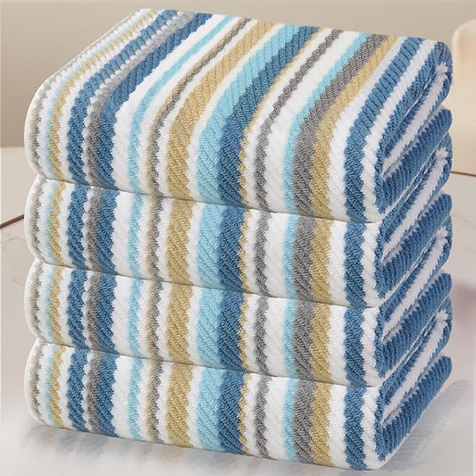 Striped Bath Towels Set (4PC, 28"x52") - 100% Cotton | Quick Dry | Soft | Absorbent, Luxury Bath Towels with Hanging loops, Light Weight Towels for Showering & Bathroom, Blue + Gray + Beige Stripes