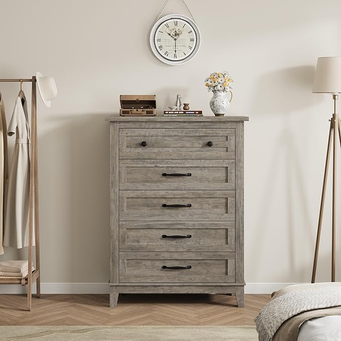 GarveeHome 5 Dresser for Bedroom, 41.3" Tall Vertical Drawer Dresser with Large Storage, Freestanding Wooden Closet Chest for Bedroom, Living Room, Grey