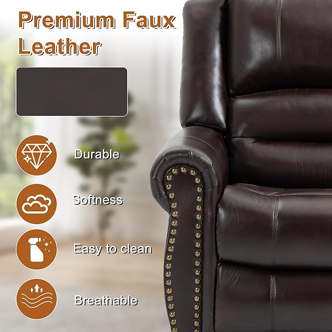 Power Lift Recliner Chair for Elderly, Dual Motor Massage Recliner with Lumbar Heat, Heavy Duty Motion Mechanism Lift Chair with Charge Ports, Faux Leather - Antique Brown