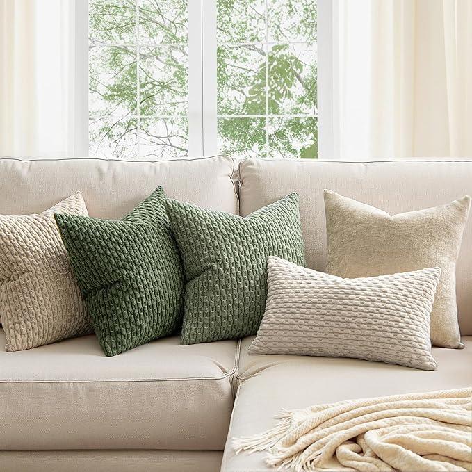 MIULEE Throw Pillow Covers Soft Corduroy Decorative Eruo Sham Set of 2 Boho Striped Pillow Covers Pillowcases Farmhouse Home Decor for Couch Bed Sofa Living Room 24x24 Inch Sage Green