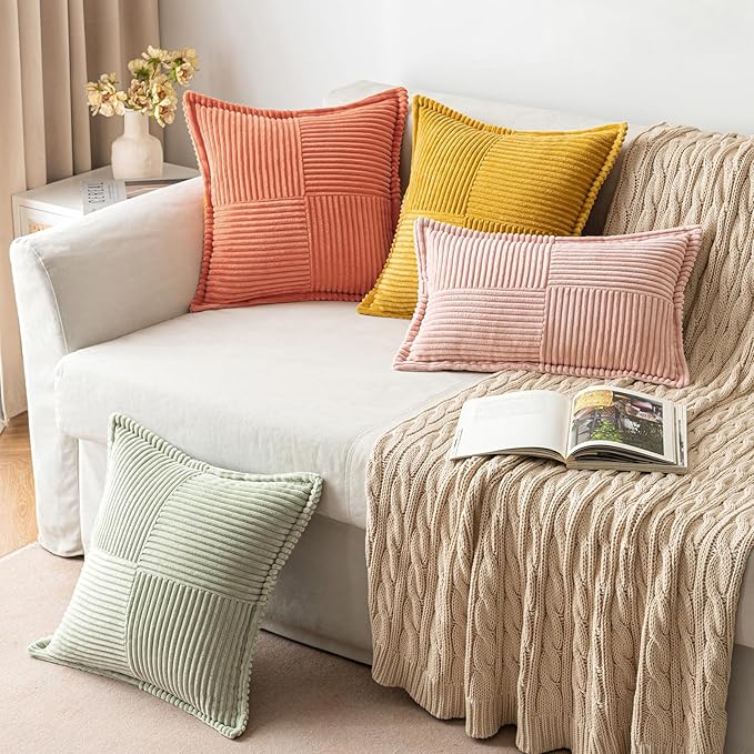 MIULEE Decorative Throw Pillow Covers for Couch Bed Livingroom 16x16 Inch Set of 2 Coral Red Boho Accent Throw Pllows Broadside Striped Patchwork Soft Corduroy Summer Pillowcases