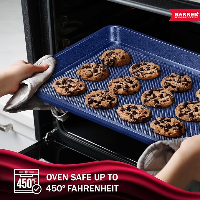 BAKKEN Kitchen Baking Pan - Small, Medium, and Large Cookie Sheet (13.58×9.65, 15.75×11, 17.91×12.60), Nonstick, Diamond Texture Bottom, PFOA, PFOS, PTFE Free, Oven Safe Tray (450°F), Pack of 3, Blue