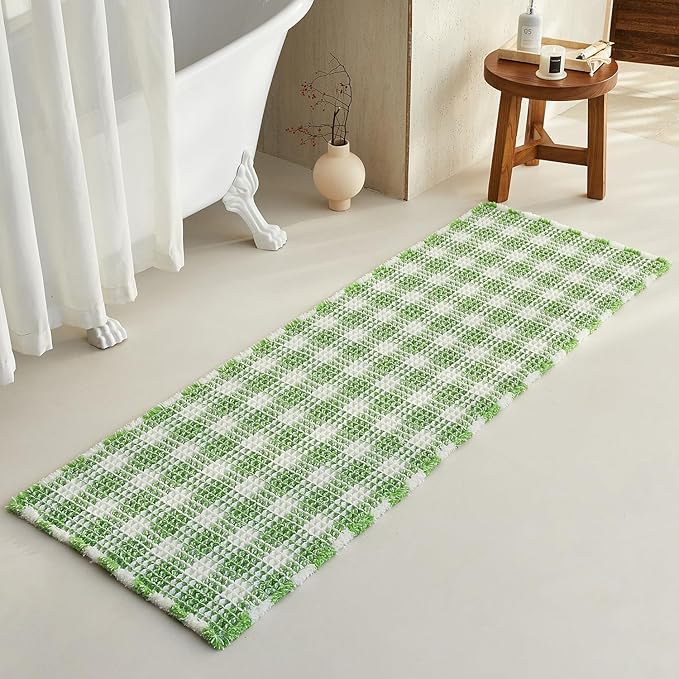 Waffle Runner Rug Bathroom, Long Boho Bathroom Rugs Non Slip Washable Absorbent Checkered Bathroom Mat Quick Dry Cute Bath Mat, 72"x24" Green and White
