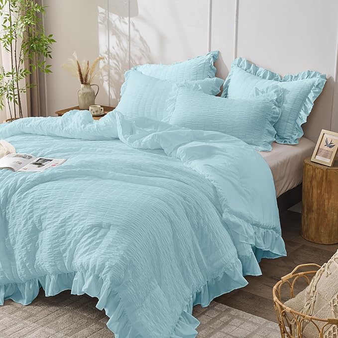 JOLLYVOGUE Light Blue Queen Comforter Set, 3 Pieces Seersucker Comforters Queen Size, Lightweight & Fluffy Bedding Sets for All Season with 1 Ruffle Comforter & 2 Ruffle Pillowshams