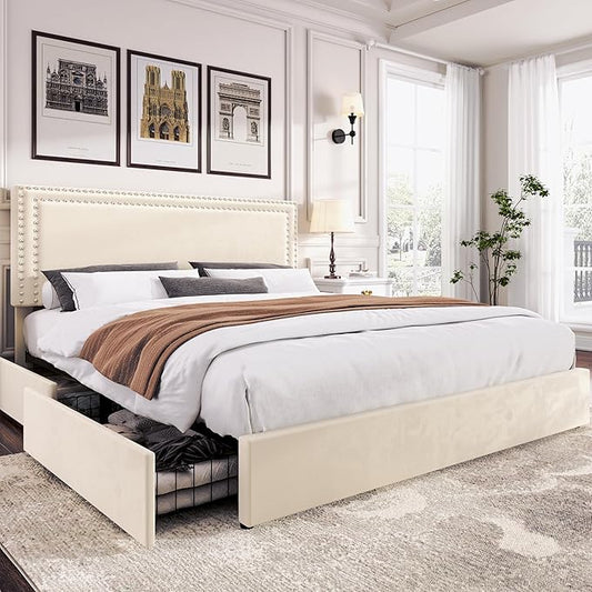VECELO King Size Upholstered Platform Bed Frame with 4 Storage Drawers, Adjustable Velvet Rivet Decor Headboard, Wooden Slats Support, No Box Spring Needed, Easy Assembly