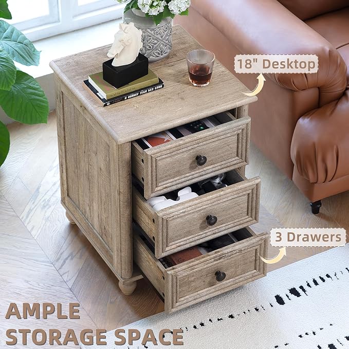 18" Farmhouse Night Stand Set of 2, Gray Wood Nightstand with 3 Drawers, Bedside End Table with Storage and Roman Column, Bed Side Tables Cabinet for Bedroom, Living Room, and Closet