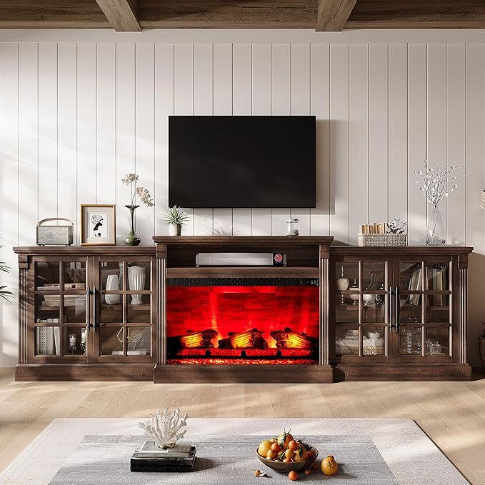 97" Farmhouse TV Stand with 33" Fireplace for TVs up to 100", Media Entertainment Center with Large Storage Cabinet and Adjustable Shelves for Living Room, Rustic Brown