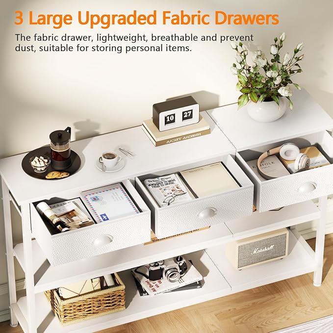 Furologee White Long 47" Console Sofa Table with 3 Drawers, Entryway Table with 3-Tier Storage Shelves, Display Shelf for Entry Way, Hallway, Couch, Living Room, Kitchen, Foyer