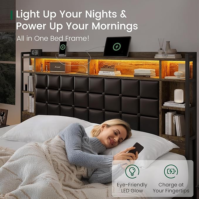 King Size Bed Frame with Charging Station and LED Lights Wooden Platform Bed Frame with 4 Storage Drawers and Bookcase Headboard, Faux Leather Upholstered, No Box Spring Needed, Brown