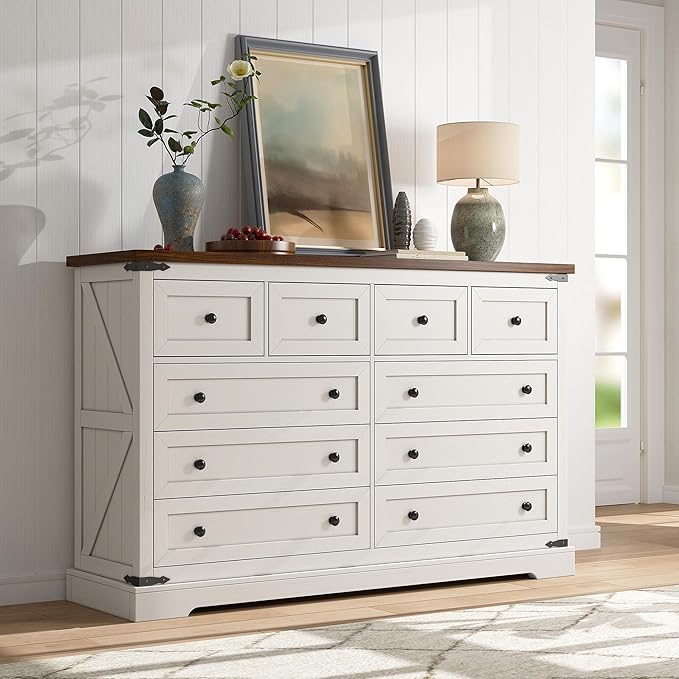 EnHomee 10 Drawer Dresser for Bedroom,55.11" W Farmhouse Dressers and Chests of Drawers with Smooth Metal Rail,Large and Wide TV Stand Hallway,Antique White,14.9" D x 55.11" W x 35.6" H