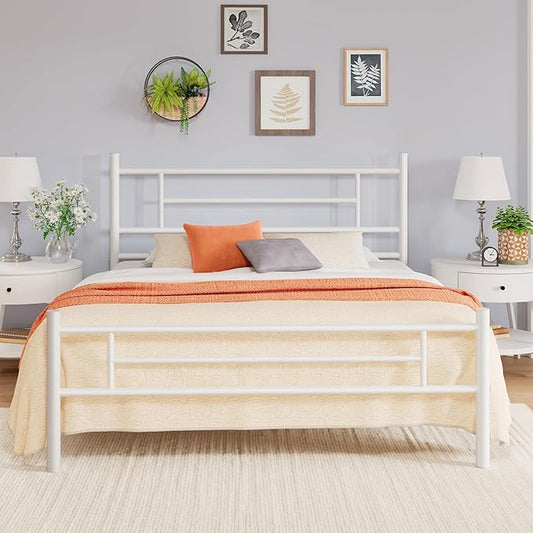 Allewie 14 Inch Queen Size Metal Platform Bed Frame with Headboard and Footboard, Underbed Storage, Strong Metal Slats Support, Mattress Foundation, No Box Spring Needed, Easy Assembly, White