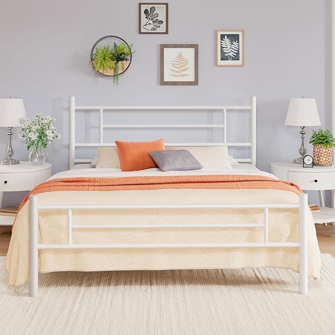 Allewie 14 Inch Full Size Metal Platform Bed Frame with Headboard and Footboard, Underbed Storage, Strong Metal Slats Support, Mattress Foundation, No Box Spring Needed, Easy Assembly, White
