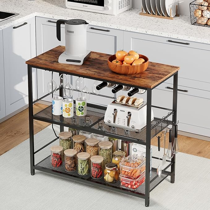 Kitchen Island with 3 Shelves, Kitchen Island with Power Outlet, Kitchens Storage Rack with 4 S Hooks, Microwave Stand Coffee Bar Station for Dining Room, Rustic Brown and Black KIHR92E01