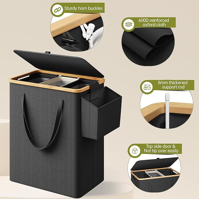 175L Laundry Hamper with Lid 3 Section, Extra Large Laundry Basket with 3 Removable Bags, 46 GAL Laundry Basket Organizer for Bedroom, Laundry Room, Dorm, Black
