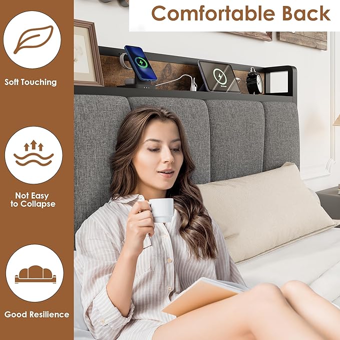 GarveeHome Twin-XL Size Bed Frame with 2 Storage Drawers and Charging Station, Rustic Linen Upholstered Platform Bedframe with Storage Headboard, No Box Spring Needed, Easy Assembly, Noise Free, Grey