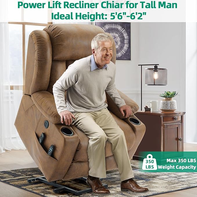 VIVIJASON Tall Man Large Dual Motor Power Lift Recliner Chair with Extended Footrest, Oversized Lay Flat Sleeper Electric Recliner W/Heat & Massage, Lumbar Pillow, USB & Type-C Ports, Brown