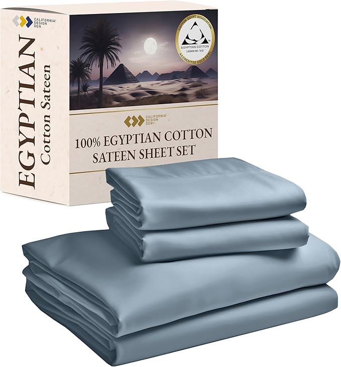 California Design Den Certified Luxury 100% Egyptian Cotton Sheets for Full Size Bed, Deep Pocket Hotel Luxury Bed Sheets Set, Sateen Extra Soft Cooling Bed Sheets for Hot Sleepers (Blue, Full)