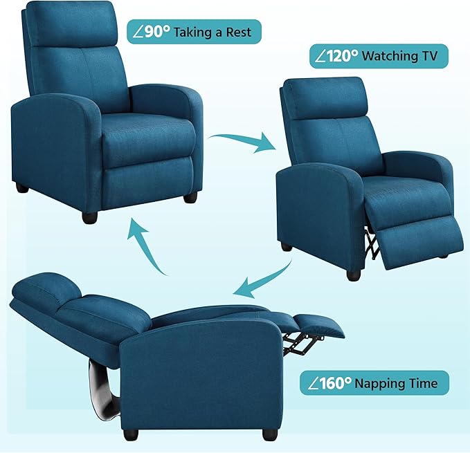 Yaheetech Fabric Recliner Sofa Modern Single Recliner Sofa Home Theater Seating with Thick Seat Cushion, Backrest and Pocket Spring, Blue