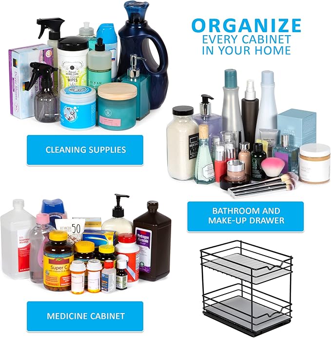 Pull Out Cabinet Organizer for Spices, Cans - Heavy Duty with Lifetime Limited Warranty- Pull Out Spice Rack- Cabinet Pull Out Shelf for Cans,Dishes, Etc, 6-1/2"Wx10-3/8"Dx8-7/8"H, Black