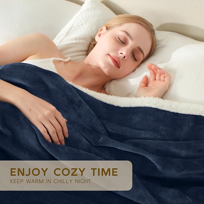 BEAUTEX Sherpa Fleece Throw Blankets, Soft Fluffy Flannel Plush Blanket and Throw, Fuzzy Cozy Blue Cuddle Blankets for Couch Bed Sofa Adults (50" x 60", NavyBlue)