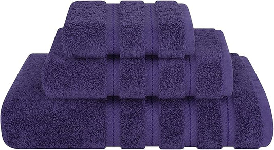 American Soft Linen Premium 3 Piece Towel Set, 1 Bath Towel 1 Hand Towel 1 Washcloth, 600 GSM 100% Cotton Turkish Towels for Bathroom, Purple Towel Set