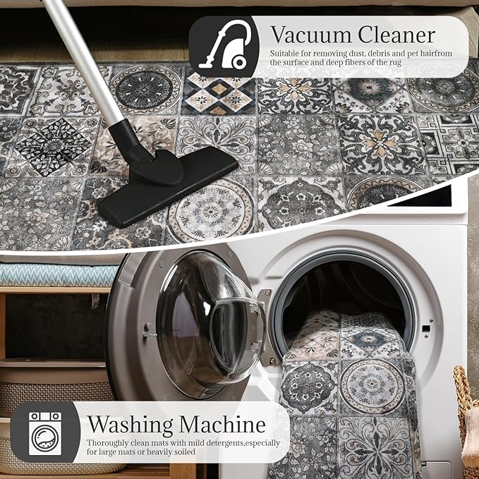 Washable Entryway Rug 3'x5 Non-Slip Backing Vintage Indoor Rug Low Pile Lighrweight Carpet for High-Traffic Indoor Entrance & Kitchen