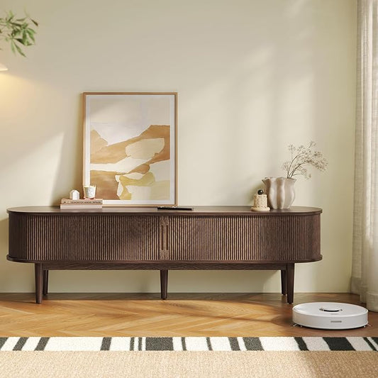 LINSY 70" Fluted TV Stand, Modern Entertainment Center for TVs Up to 80 inches, TV Console with Sliding Doors, Curved Profile Design, Media Console for Living Room, Walnut