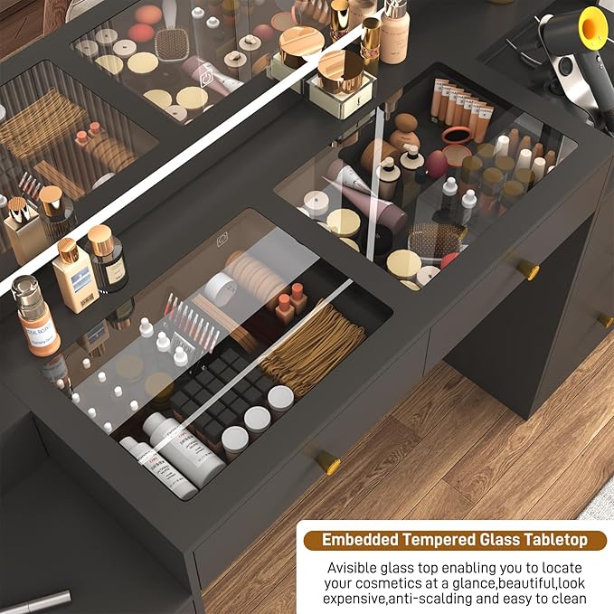 Large Vanity Desk w/60000-color LED Lights,Tempered Glass Top,Outlet,62inch Black Makeup Vanity Table w/ 3 Lights Mode Mirror & Lights,9 Drawers,2 RGB Cabinet,LED Dressing Table for Women