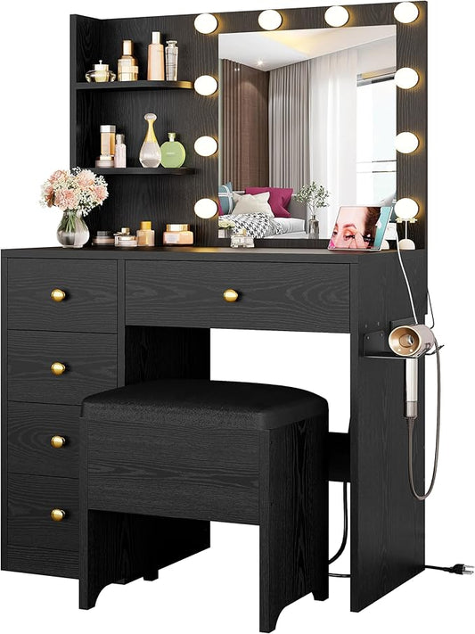 IRONCK Vanity Desk with Mirror and Lights, Small Makeup Vanity Table with 5 Drawers, Power Outlet, and Vanity Stool, 3 Lighting Colors, Dressing Table for Women Girls Bedroom, Black