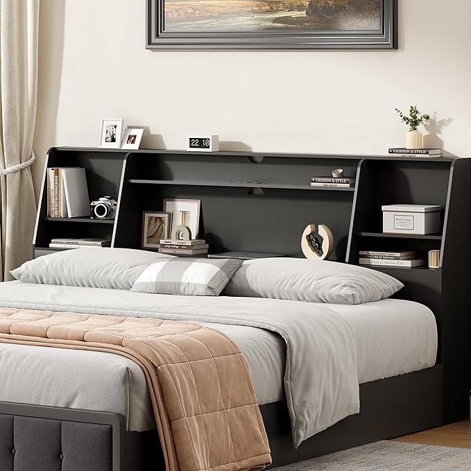 King Size Headboard Only, Wood Bookcase with Charging Station & 2 LED Lights for King Bed, Stylish Height Adjustable with Ample Storage for Bedroom, Noise-Free, Black