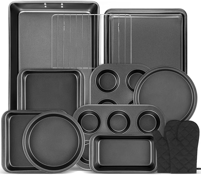 12PCS Nonstick Bakeware Set, Non-Toxic Carbon Steel Baking Pans Set with Wider Grip, Includes Roasting Pan, Cookie Sheet, Cake Pans, Muffin Pans, Cooling Rack, Oven Mitts, Easy Release