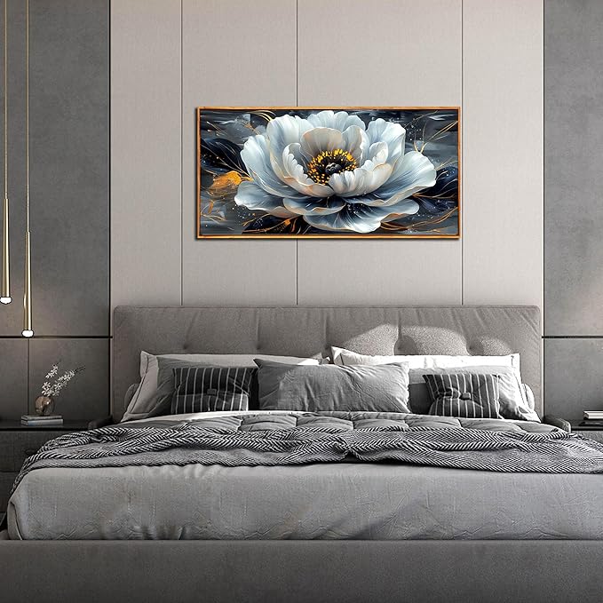 White Flower Pictures for Living Room Wall Decor - Modern Prints Wall Art for Bedroom - Wooden Framed Wall Art for Office Size 20" x 40"