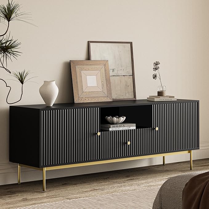 Fluted TV Stand, Modern TV Stand for 70 Inch TV, Entertainment Center with 2 Storage Cabinets, Fluted Panel Media Console for Living Room, Bedroom, Office, Black