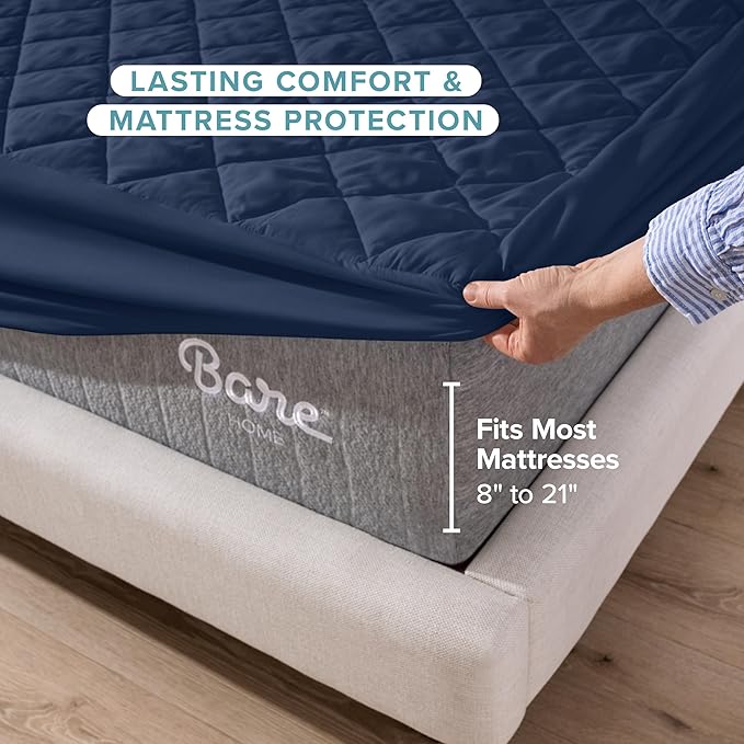 Bare Home Twin Extra Long Quilted Fitted Mattress Pad - Cooling Mattress Cover - Easily Washable - Elastic Fitted Cover for Mattress - Stretch-to-Fit up to 15 Inches Deep (Twin XL, Dark Blue)