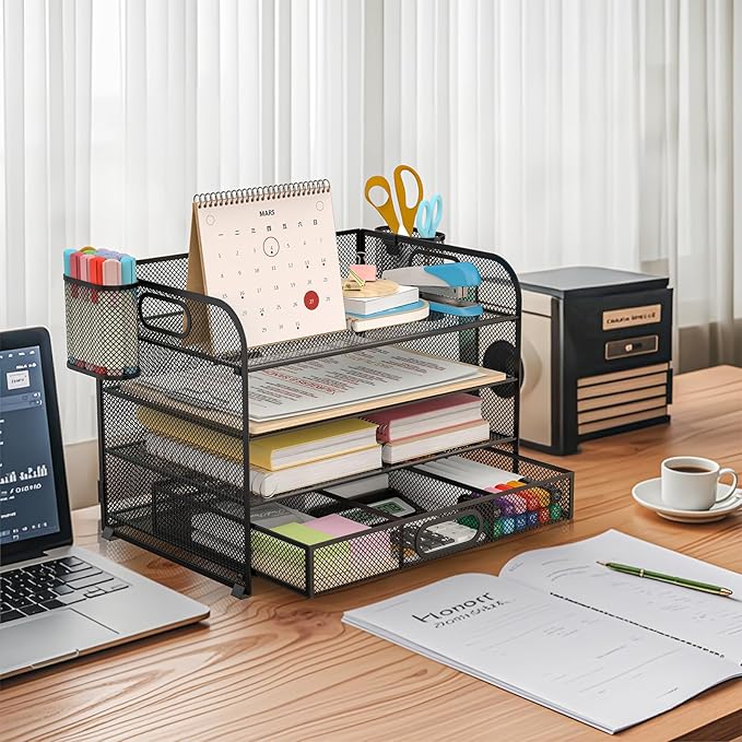 Desk Organizer and Accessories，4-tier Paper Letter Tray Organizer, Desk File Organizer with Drawers and 2 Pen Holders for School and Home Office Supplies (black)