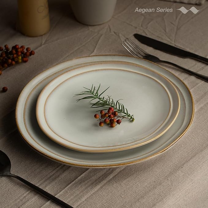 Famiware Aegean Stoneware Dinnerware Set for 4, Plates and Bowls Sets, 12-Piece Scratch-Resistant Dinner Plate Set, Handmade Irregular Round Dishes - Microwave and Dishwasher Safe, Cappuccino White
