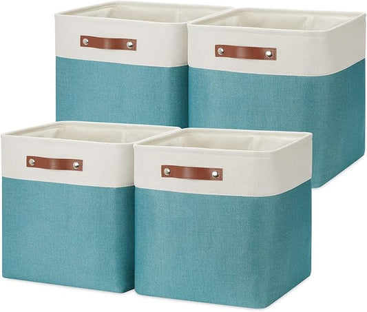 DULLEMELO Storage Bins for Organizing,Closet Storage Baskets for Gift Empty,Large Linen Canvas Storage Bins with Handles for Home Office Toys Shelves(White&Teal, 13 inch Cube)