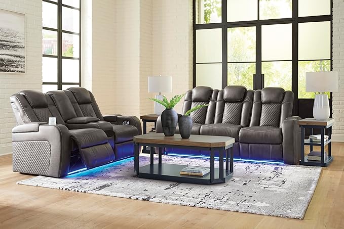 Signature Design by Ashley Fyne-Dyme Contemporary Power Reclining Loveseat with Console, USB Charging Ports and Adjustable Headrest, Gray