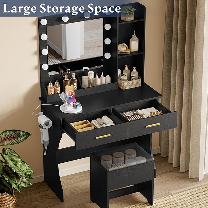 Makeup Vanity Desk with Mirror and Lights, Small Makeup Vanity Table Set with Drawers, Power Outlet & Storage Stool, White Vanity with 3 Lighting Modes LED for Women Girls Bedroom