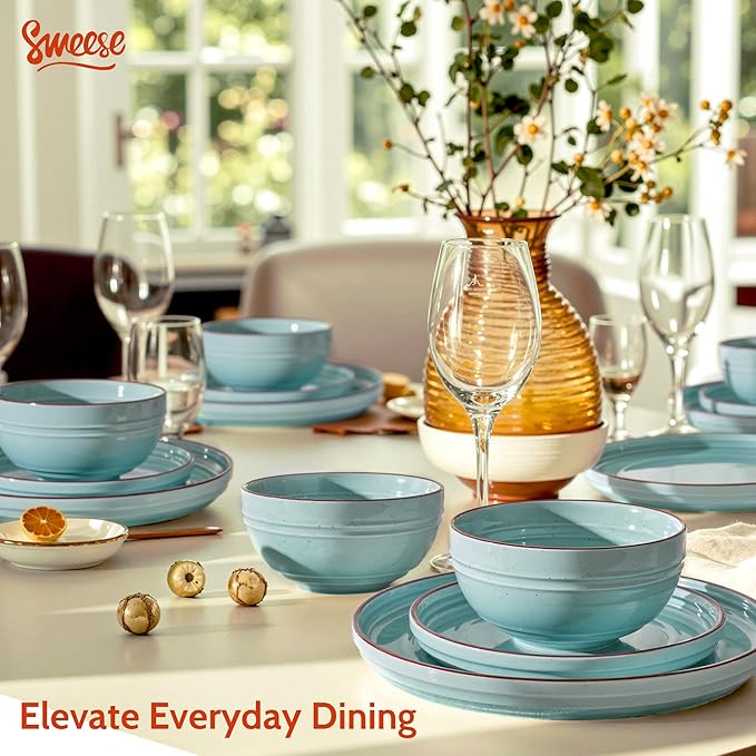 Sweese Plates and Bowls Sets, Porcelain Dinnerware Sets for 6, 18 pcs Handcrafted Glaze Embossed Dinner Set, Scratch Resistant Dishware, Dishwasher Oven Microwave Safe Ceramic Dish Set, Gradient Blue