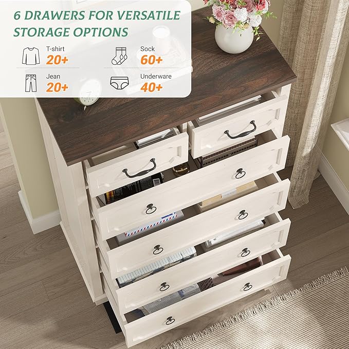 Maupvit 6 Drawer Dresser, 43" Tall Chest of Drawers for Bedroom, Farmhouse Dresser with Large Drawers & Metal Ring Pull Handles, Wood Dressers for Living Room, Hallway, Entryway, Antique White