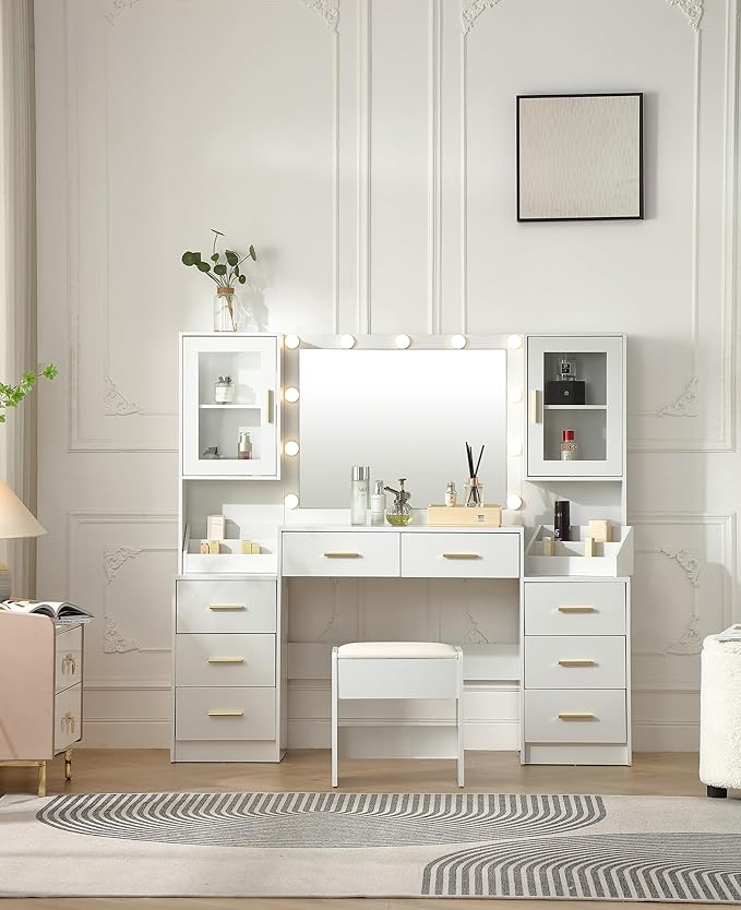 Extra Large Vanity with Folding Up Mirror and Lights,58.3'' Makeup Vanity Desk with Mirror and Lights,Outlet, Chair and Two Makeup Organizers,Dressing Table for Bedroom,White