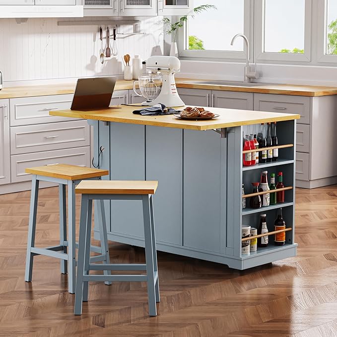 Large Kitchen Island Cart on 5 Wheels with Power Outlet, Drop Leaf, 3 Drawers, Kitchen Storage Cart with 5 Open Side Racks for Kitchen, Dining Room, Home Bar Grey Blue