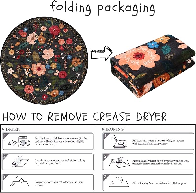 Round Rug 4ft Washable Circle Rug Non Slip Low Pile Boho Floral Small Circular Rug for Bedroom, Bathroom, Entryway, Kids Room, Office, College Dorm(Black)