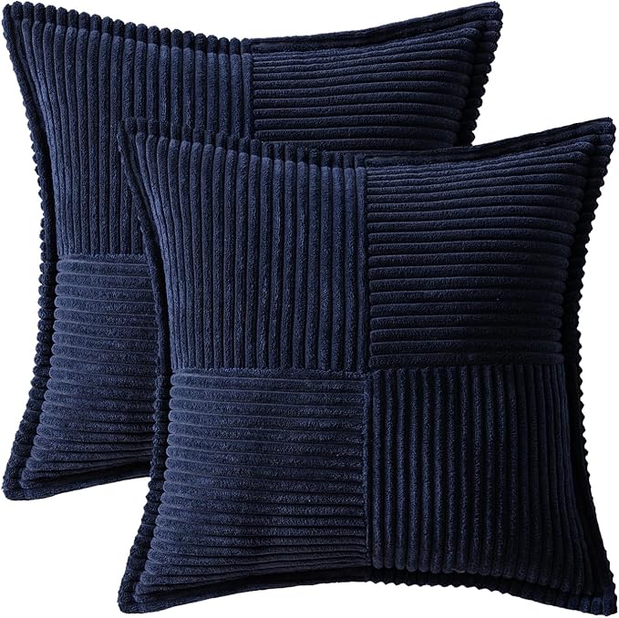 MIULEE Navy Blue Corduroy Decorative Euro Sham Pillow Covers 24x24 Inch with Splicing Set of 2 Soft Boho Pillow Covers Broadside Textured Summer Coastal Pillowcases for Couch Bed Livingroom