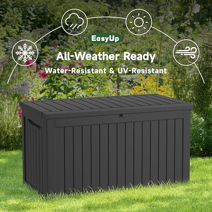 230 Gallon Outdoor Storage Box Waterproof, UV Resistant Resin Deck Box with Hydraulic Rod, Reinforced Stability for Patio, Garden,Striped Black