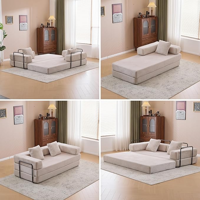 Convertible Sofa Bed, Compression Futon Sofa with Pillows & Armrest, Foldable Mattress Couch with Fixed-Shape Frame, Comfy Couch Lounge Sleeper Bed for Living Room Bedroom, Light Gray