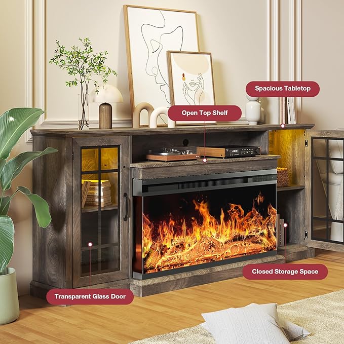 oneinmil 36 Inch 3-Sided Glass Fireplace TV Stand for TVs up to 80", Rustic Media Entertainment Center Console Table with Glass Door Closed Storage, Set of TV Table, Grey