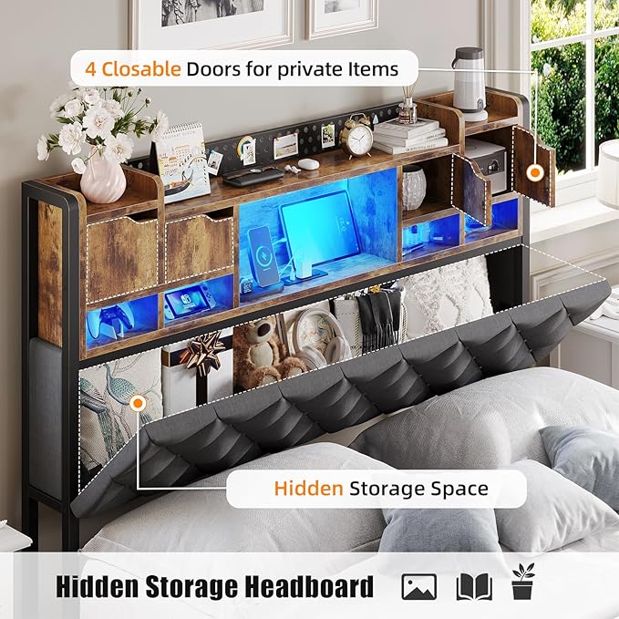 Queen Platform Bed Frame with Headboard and Hidden Storage, Bookcase Bed Frame with Charging Station and Smart LED Lights, Noise-Free,Heavy Duty Metal Support, No Box Spring Needed, Gray