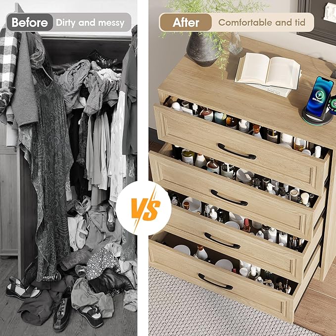 Fameill Dresser for Bedroom, 4 Drawer Small Dresser Organizer with Charging Station for Livingroom, Chest of Drawers with Metal Handles, Oak